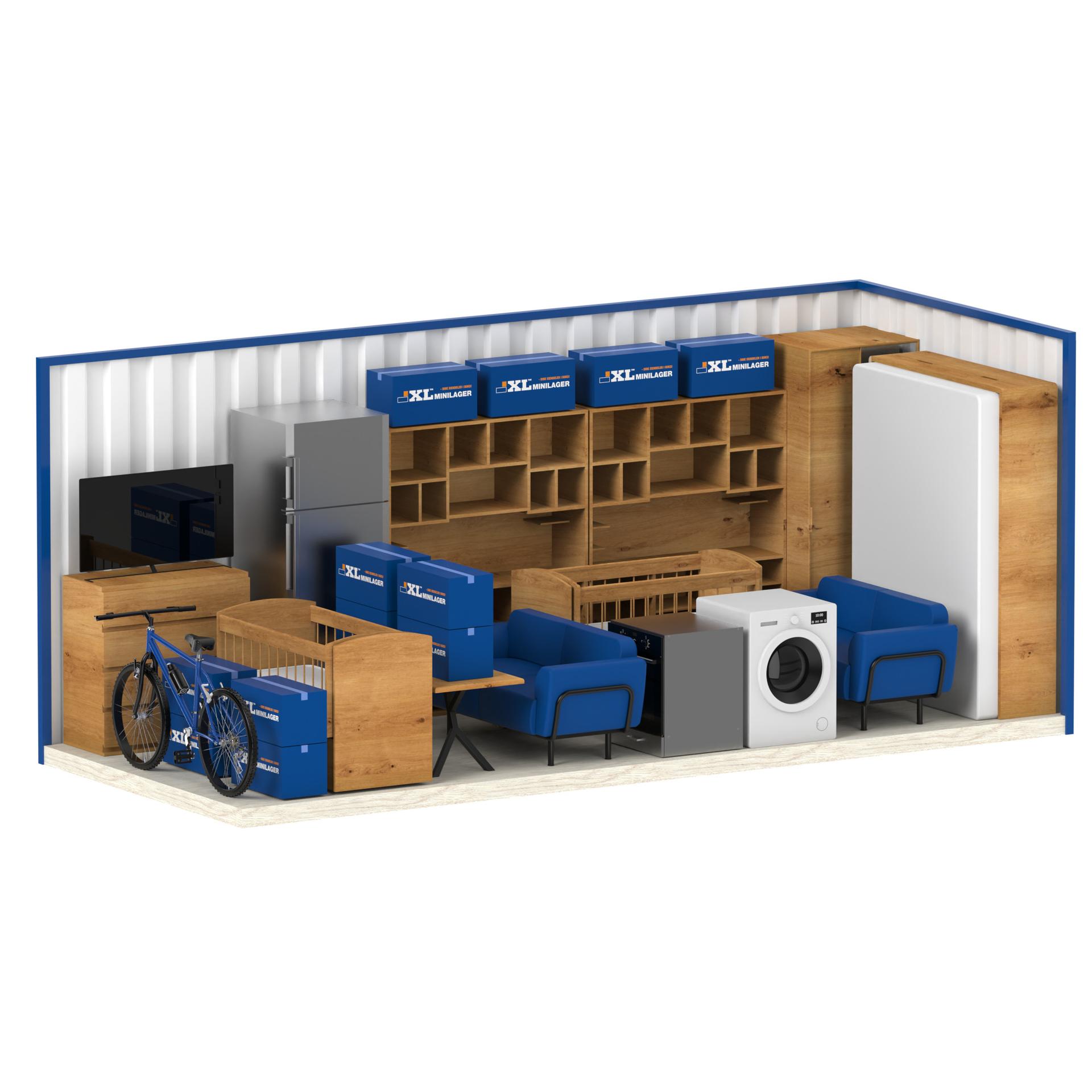 Large lagercontainer med innhold